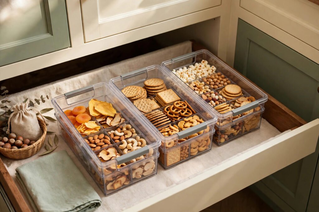 clear bins organizing a deep cupboard