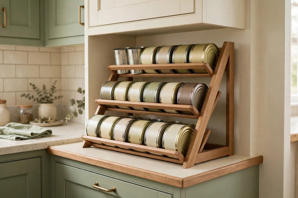 a tiered can rack keeping tins visible and rolling forward