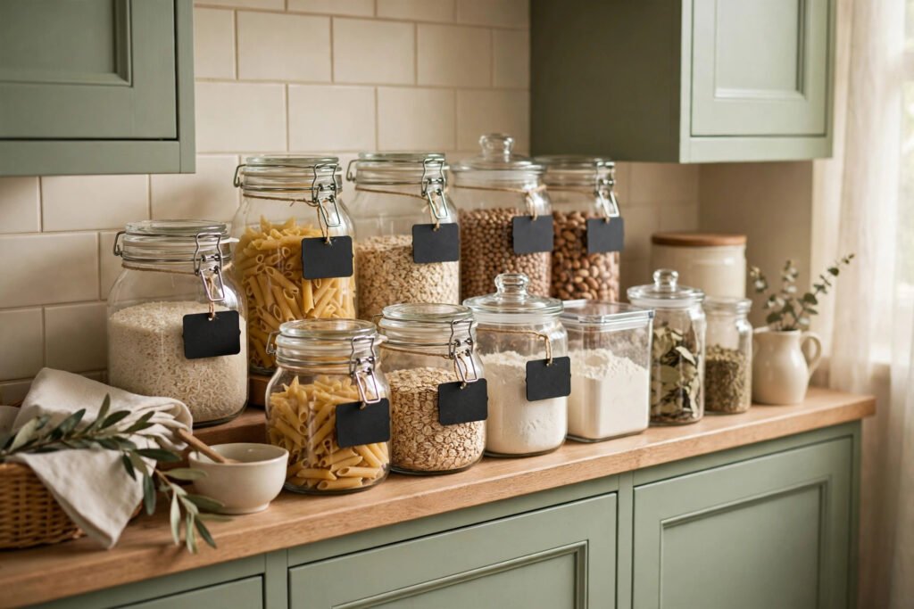 labelled jars keeping a pantry system readable