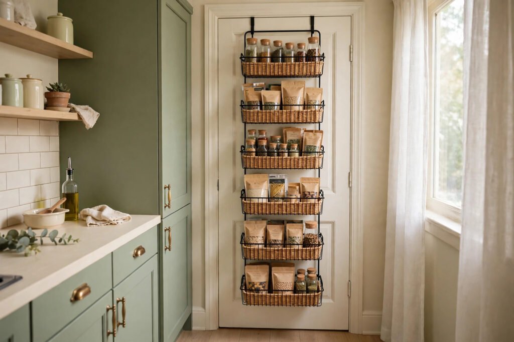 an over-door rack turning a door into pantry storage