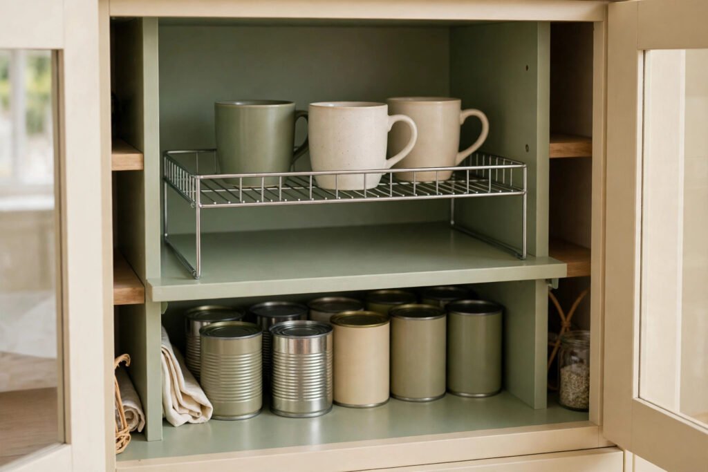a shelf riser doubling cupboard space