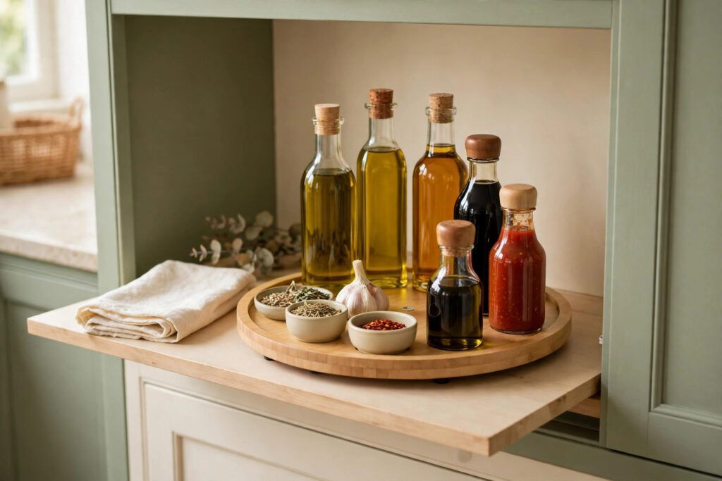 a turntable bringing bottles from the back of a cupboard