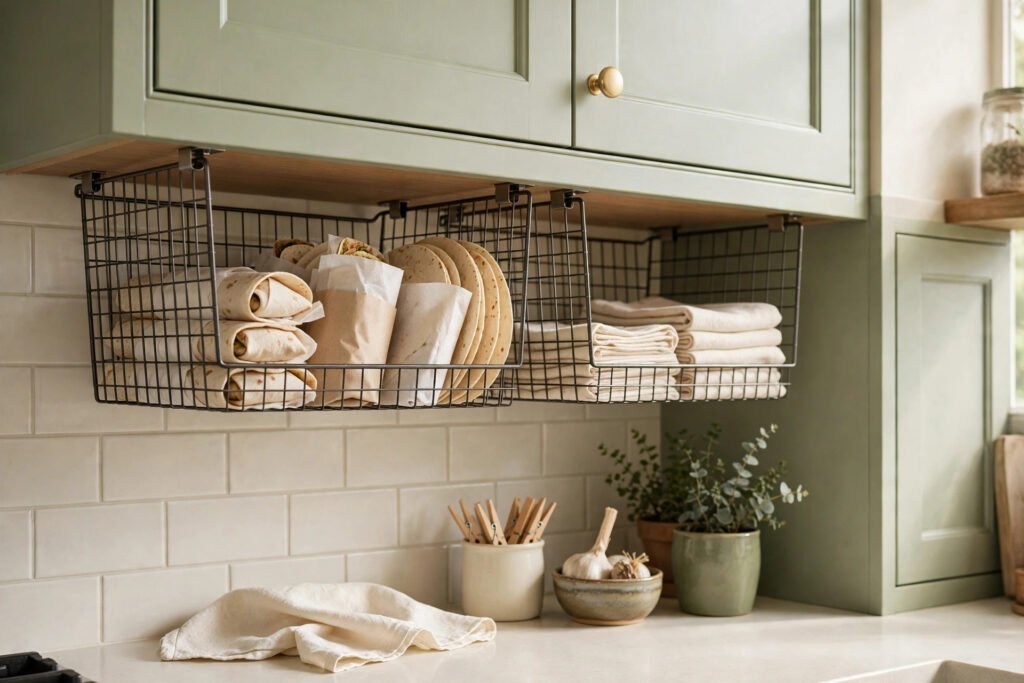 under-shelf baskets clipped beneath a cupboard shelf