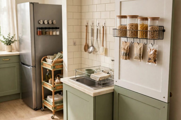 Bright small rental kitchen with no-drill organizers: over-door rack, adhesive hooks, magnetic spice jars and a slim rolling cart
