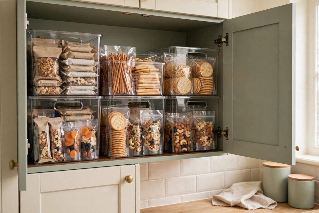 clear bins organizing a deep cupboard