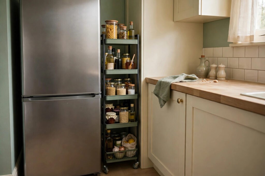 a slim rolling cart in the gap beside a fridge