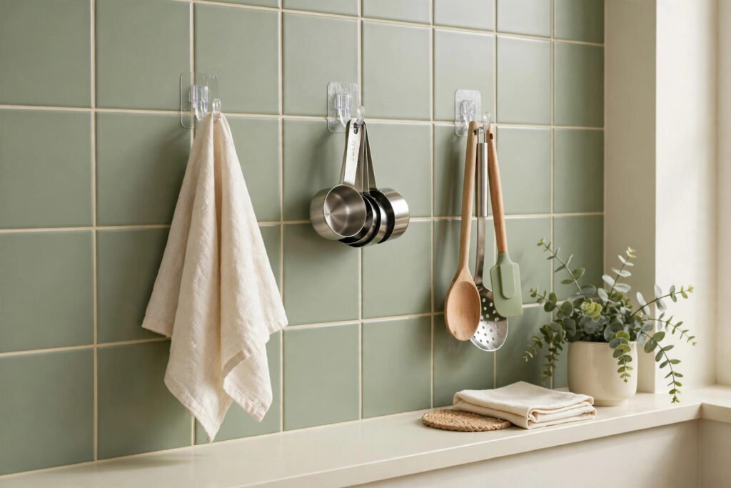 adhesive hooks holding kitchen tools on a tiled wall