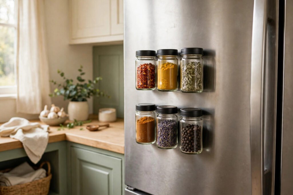 magnetic spice jars on the side of a fridge