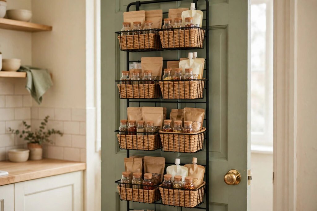 an over-door rack turning a door into pantry storage