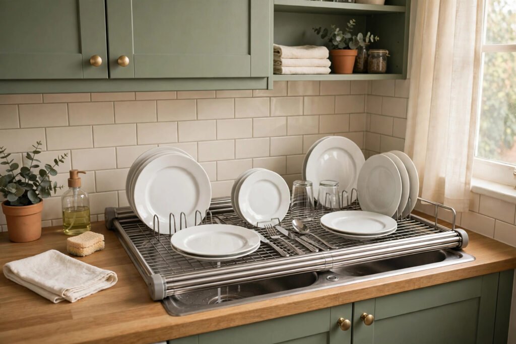 a roll-up rack drying dishes over a sink