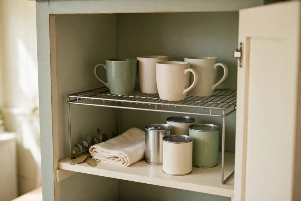 a shelf riser doubling cupboard space