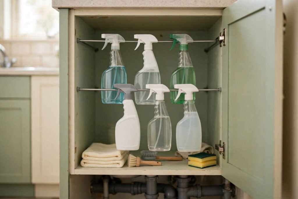 tension rods hanging spray bottles under a sink