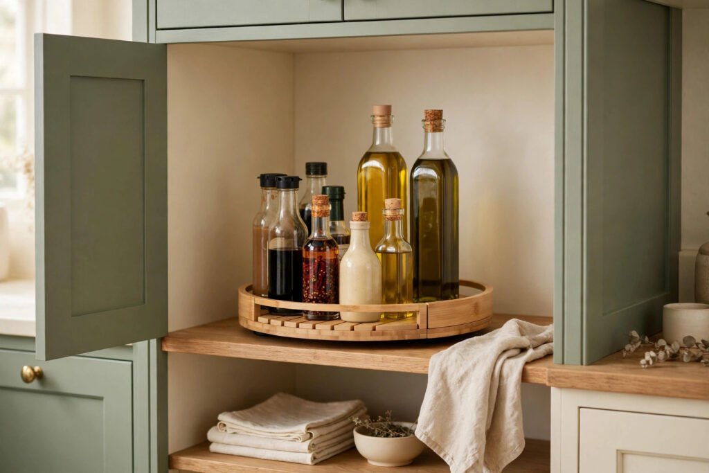 a turntable bringing bottles from the back of a cupboard