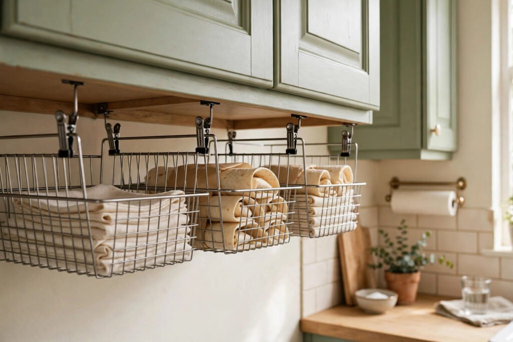 under-shelf baskets clipped beneath a cupboard shelf