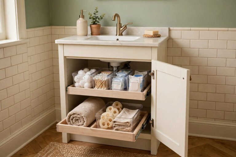 Open under-sink bathroom vanity with pull-out organizers
