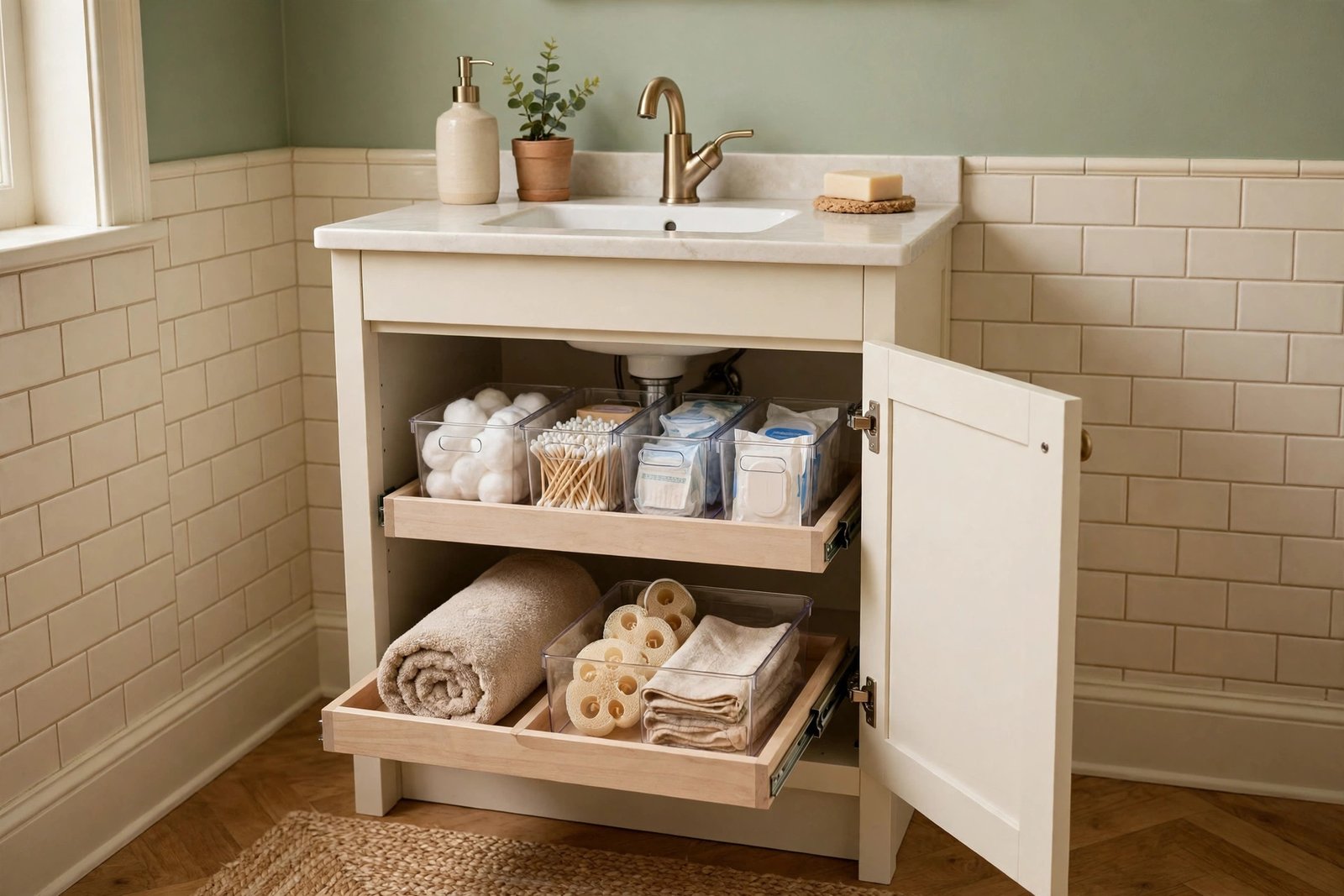 Open under-sink bathroom vanity with pull-out organizers