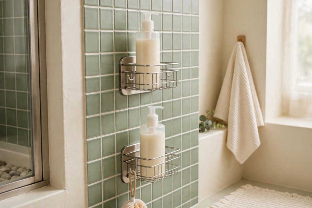 adhesive shower caddies on a tiled shower wall
