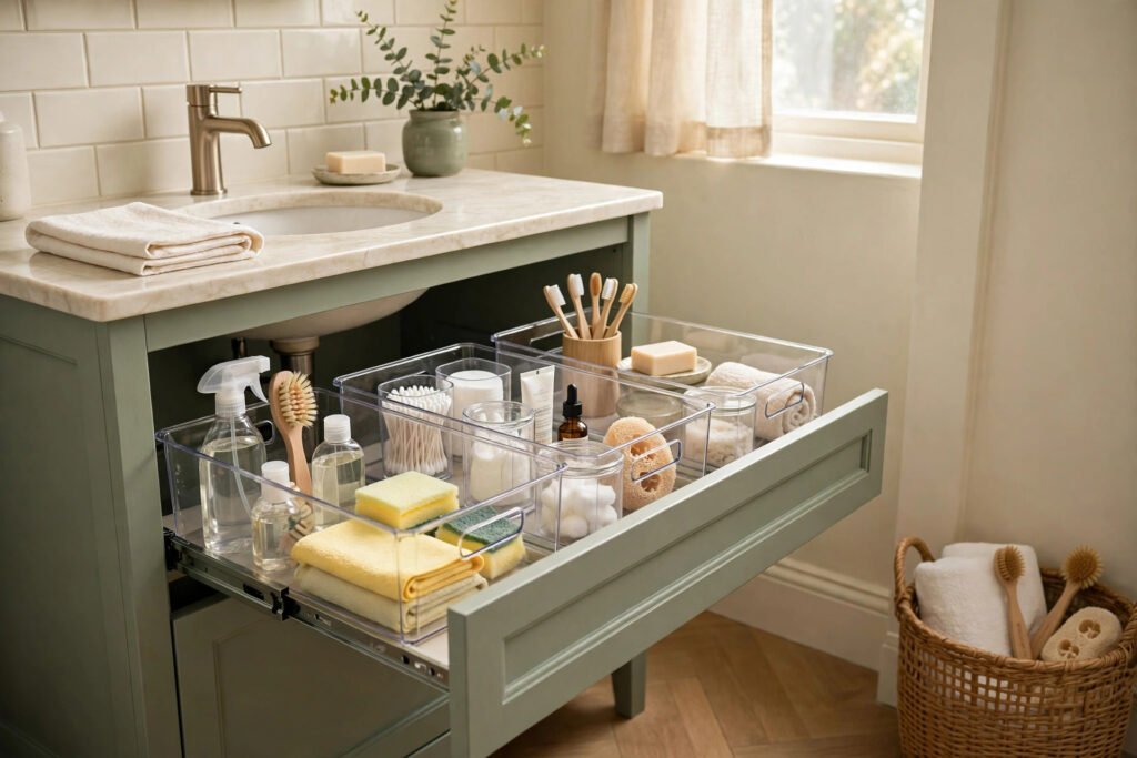 clear pull-out bins in a bathroom drawer