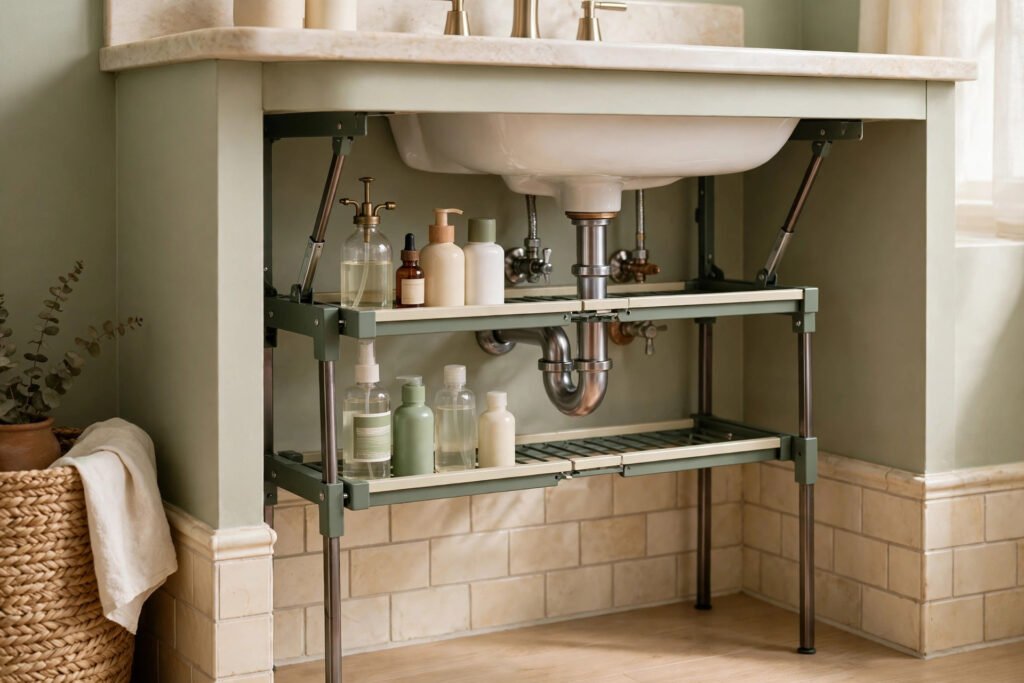 an expandable shelf rack working around sink pipes