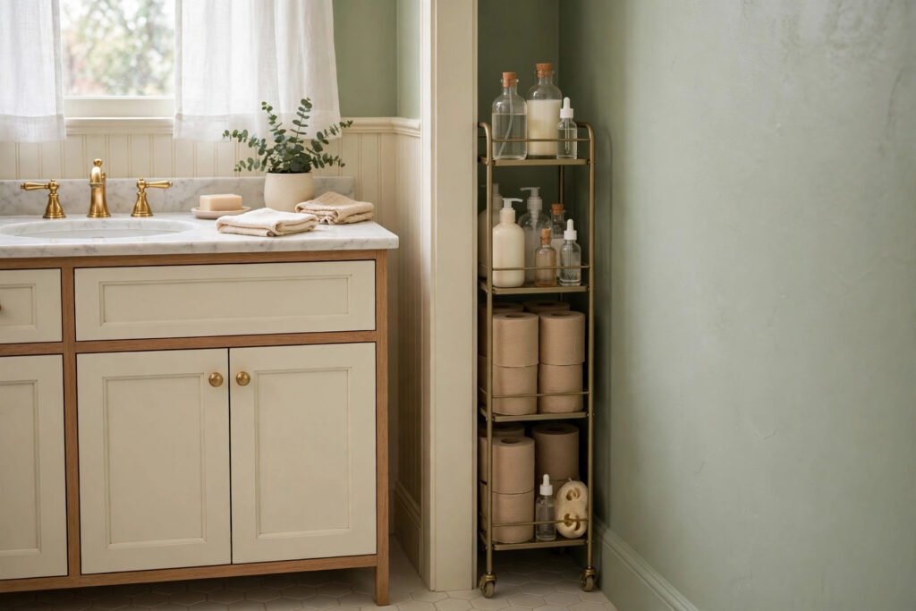 a slim cart in the gap beside a vanity