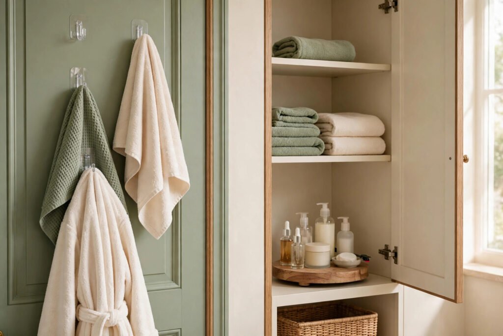 adhesive hooks and a turntable in a bathroom cabinet