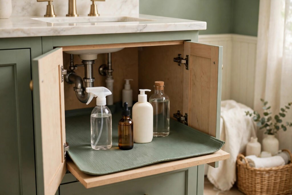 a waterproof mat protecting a cabinet floor
