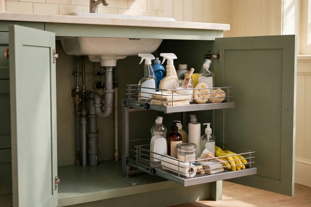 pull-out organizers sliding around sink pipes