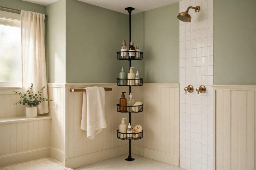 a tension-pole caddy in a shower corner