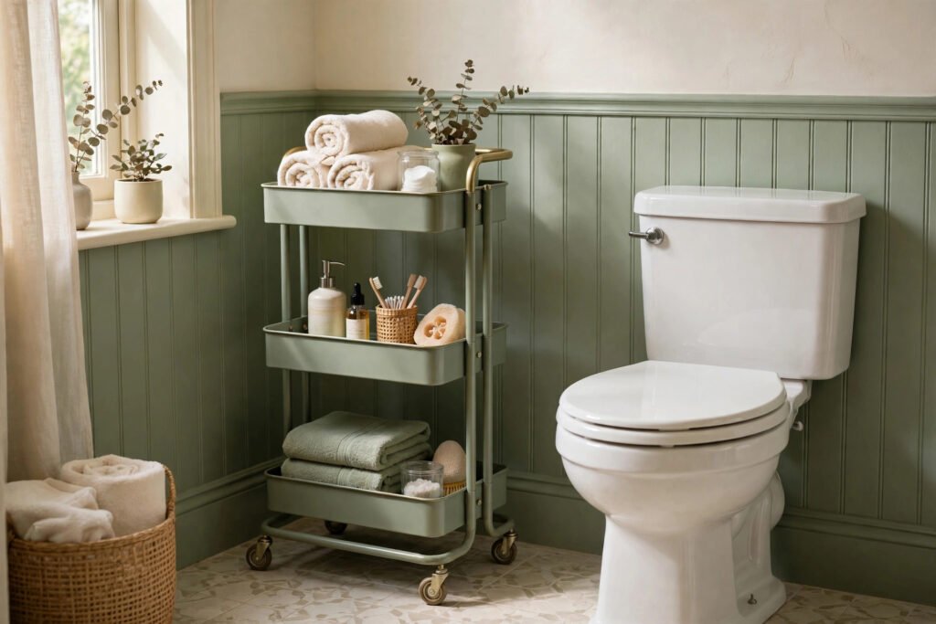 a rolling trolley beside a toilet