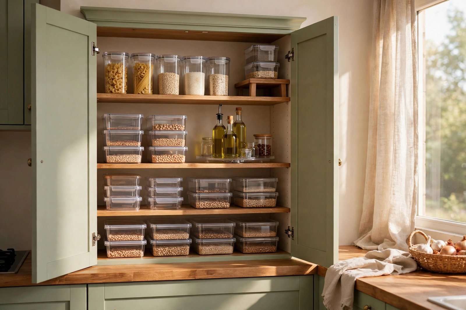 Organized small pantry with labelled containers and baskets